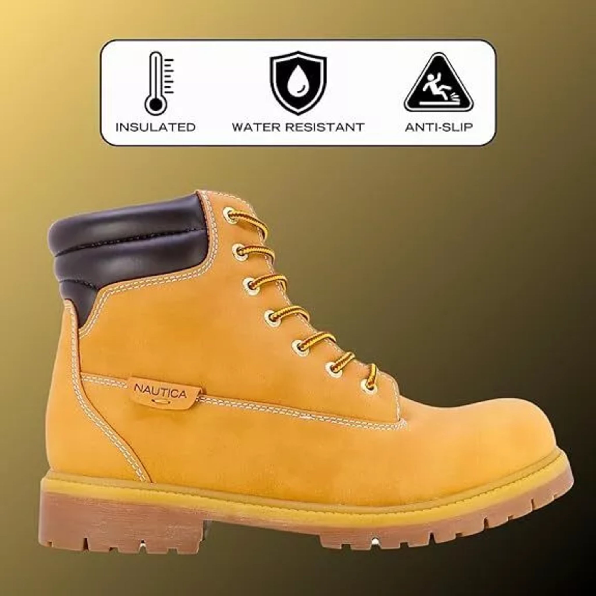 Mens Tan Nautica boot with high-traction grip and ultimate comfort features, durable rubber tread for stability on rugged terrains ideal for work, outdoors and suitable for all weather